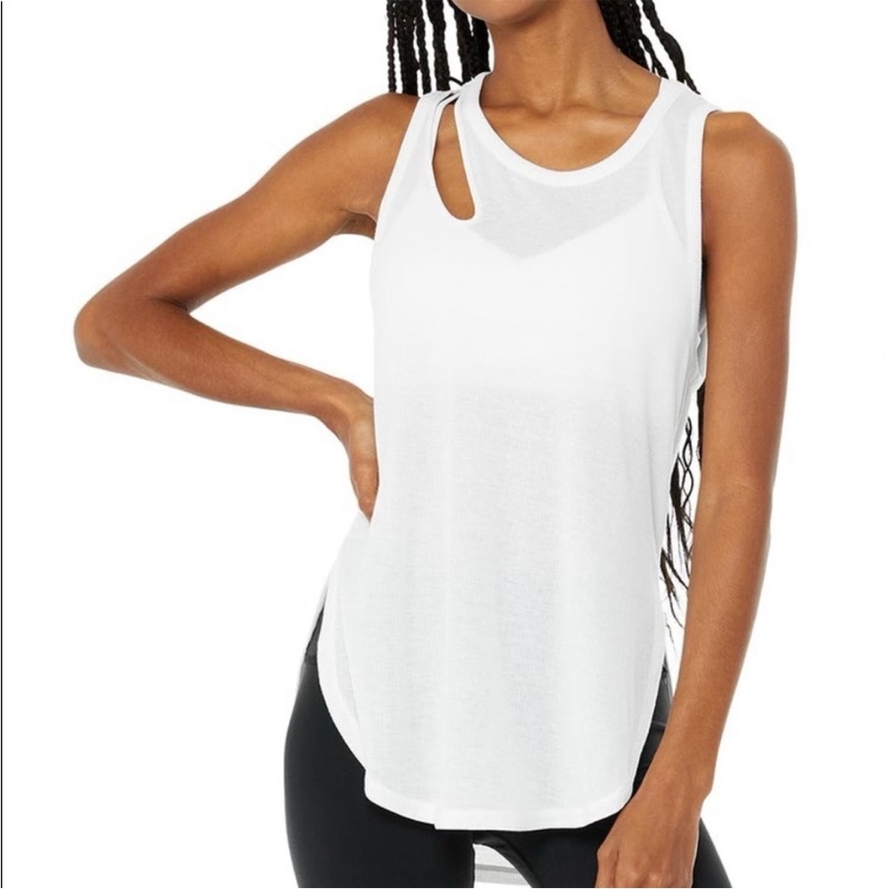 Alo Yoga White Ribbed Shoulder Cut Out Peak Tank